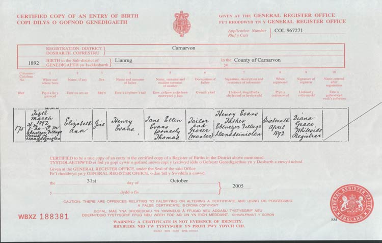 Birth Certificate for Elizabeth Ann or "Cissy" Evans 