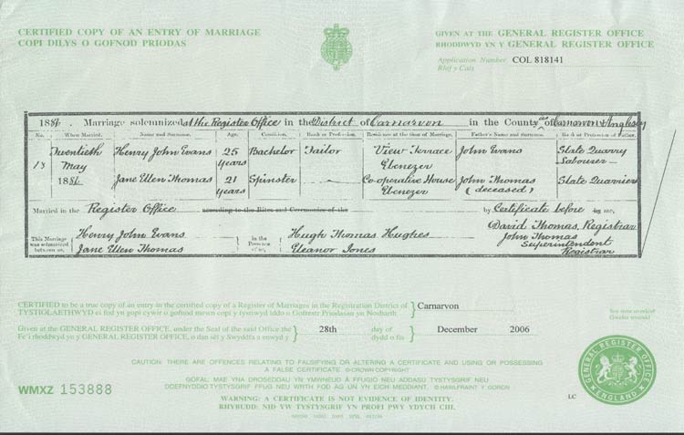 Marriage Certificate, Henry John Evans and Jane Ellen Thomas in 1886